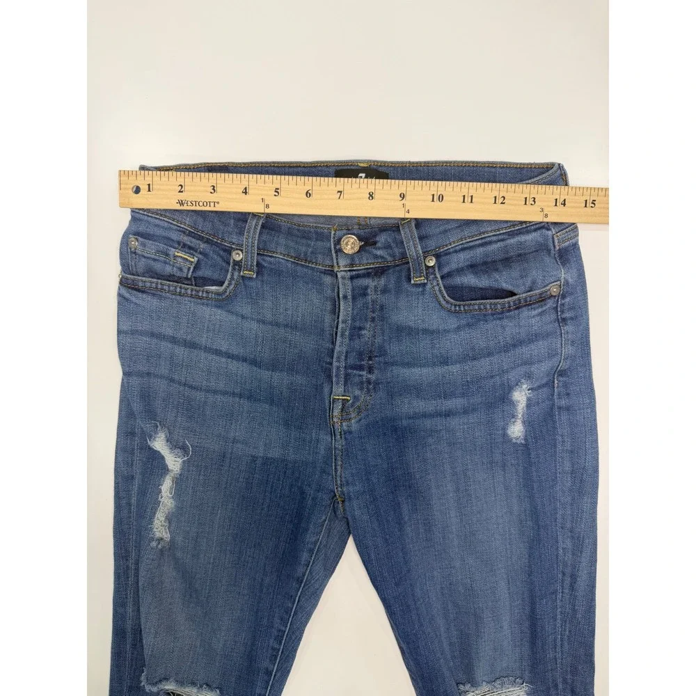 7 For All Mankind Distressed Skinny Jeans Blue Ripped Knee High Rise Size 27‎